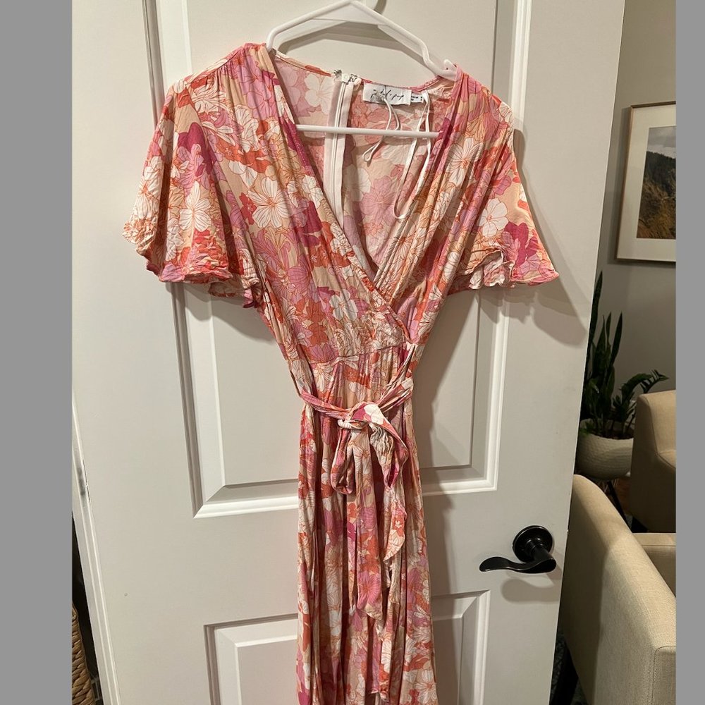 Petal + Pup Ruffle Sleeve Floral Midi Dress - Orange and Pink Size 4